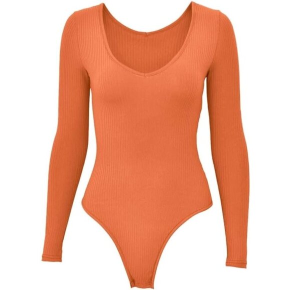 Long Sleeve Bodysuit Orange Sexy Fit Comfy Lightweight Layering Top Fall Winter - Picture 4 of 5